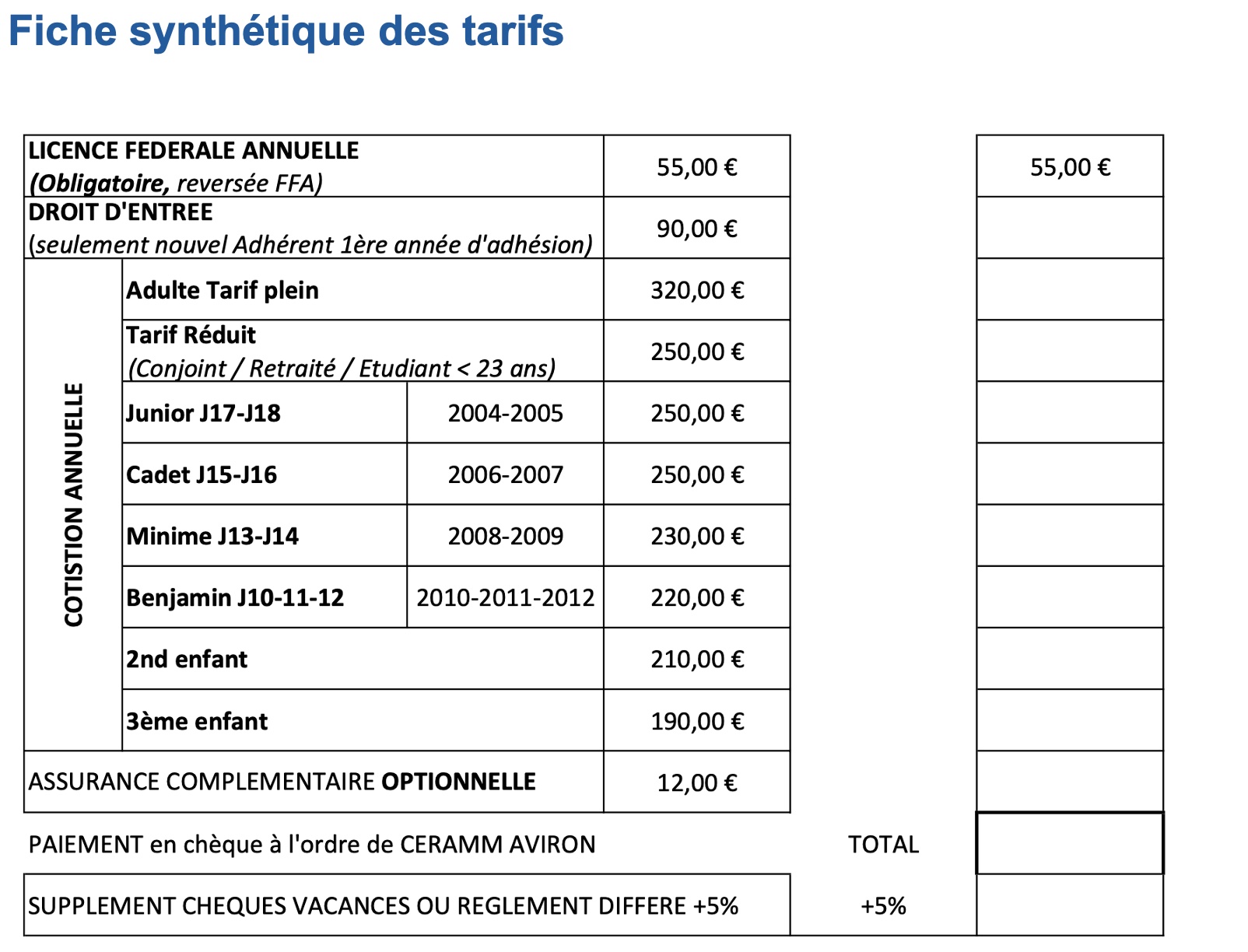 tarifs
