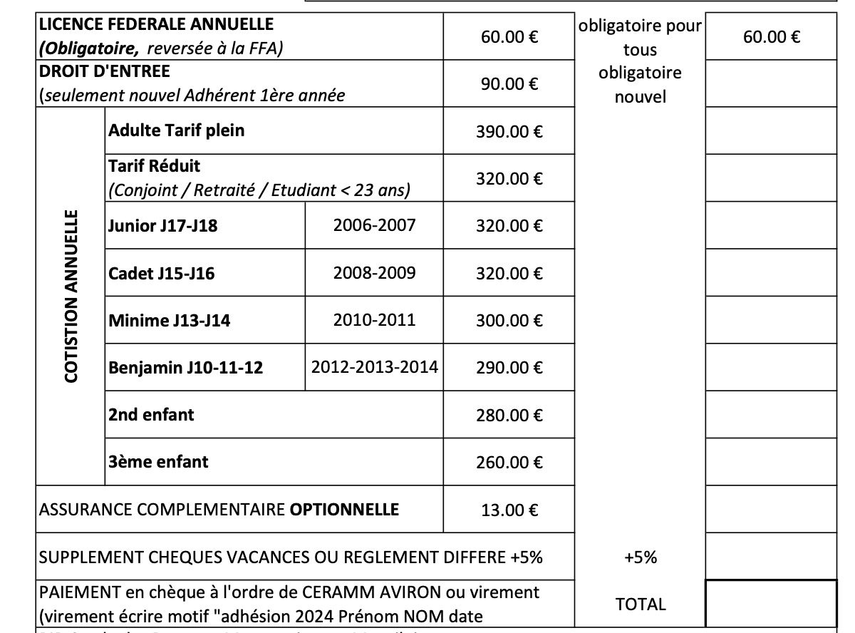 Tarifs 2023